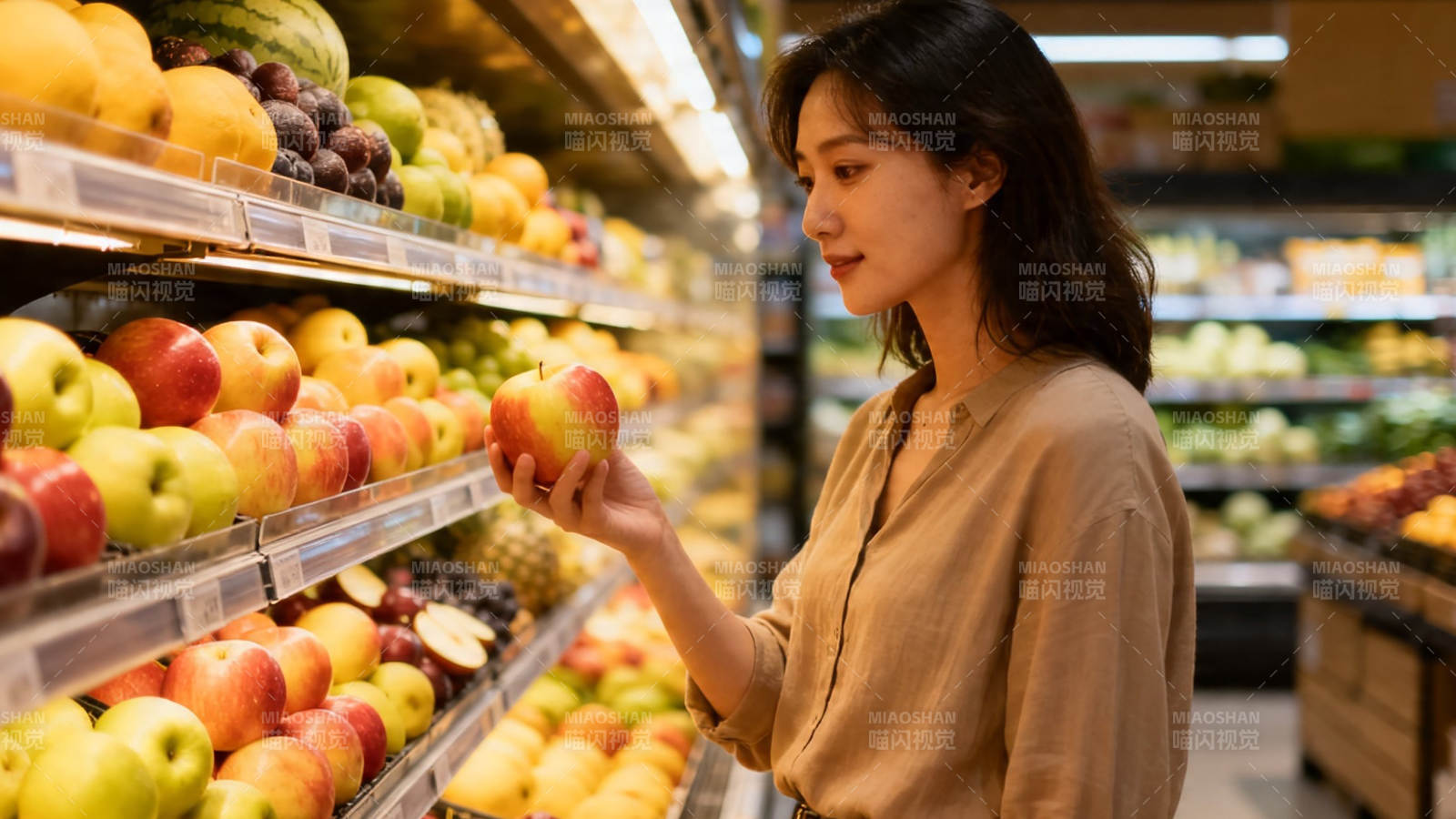 女子超市挑苹果图片