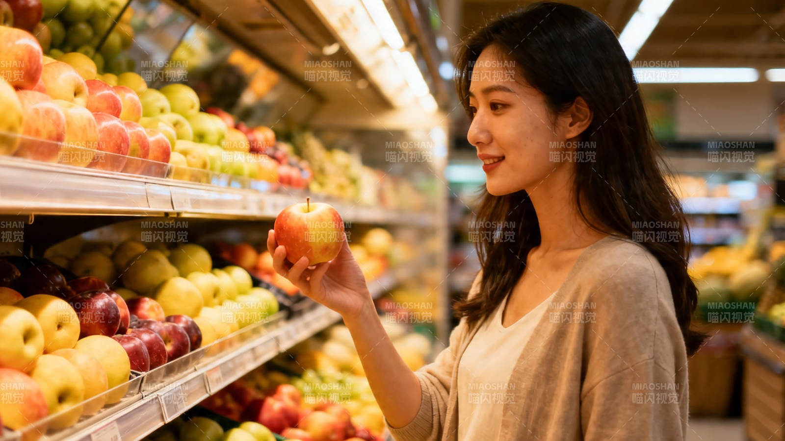 超市挑苹果 微笑选新鲜图片