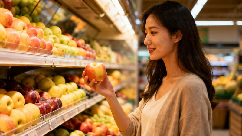 超市挑苹果 微笑选新鲜图片