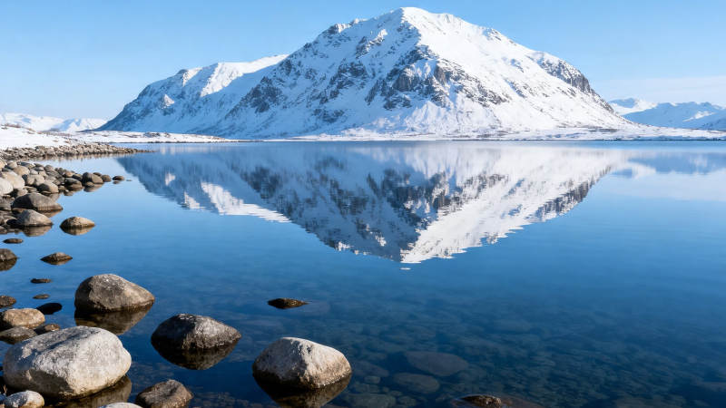 雪山倒映静湖 石滩点缀清波图片