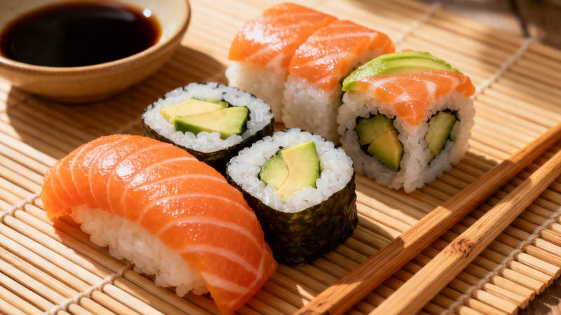 三文鱼寿司配酱油碟图片