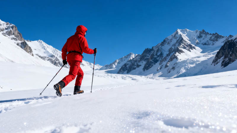 雪山红装徒步者图片