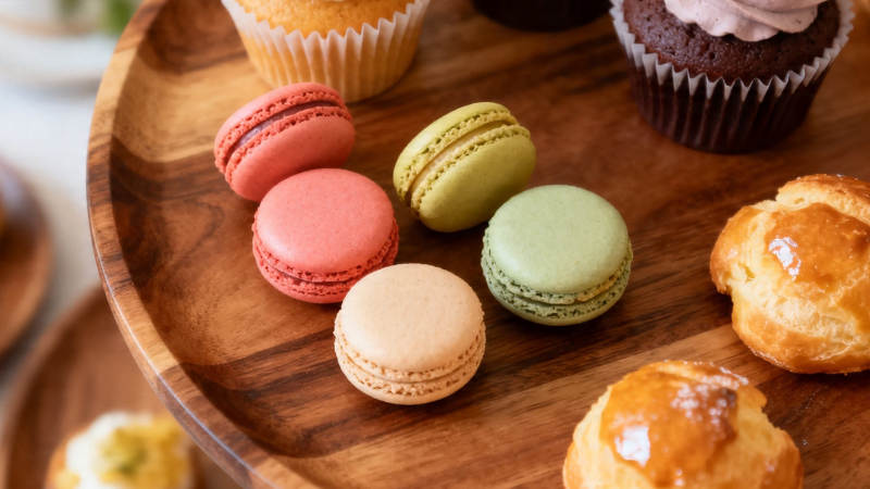 木盘甜点 马卡龙与纸杯蛋糕图片