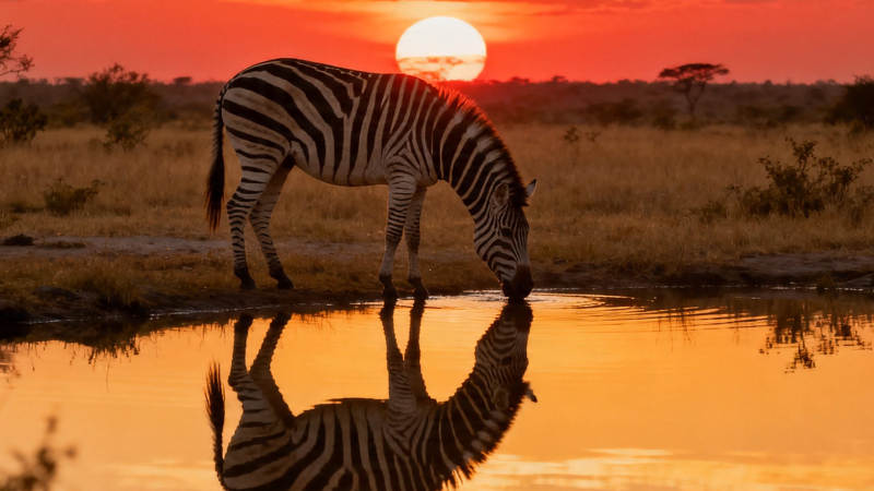 夕阳斑马饮水影图片