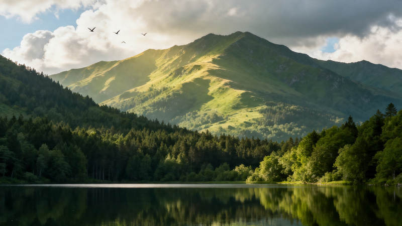 青山映湖 飞鸟掠云影图片