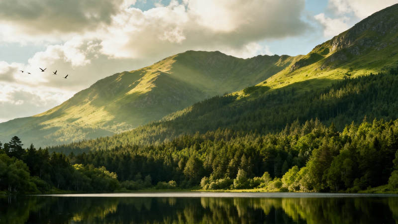 青山映湖 飞鸟掠云间图片