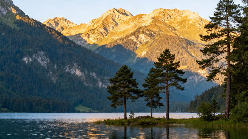 山湖夕照 松影映金峰图片