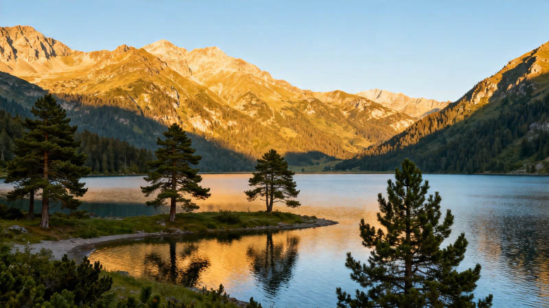 山湖夕照 松影映水静如画图片