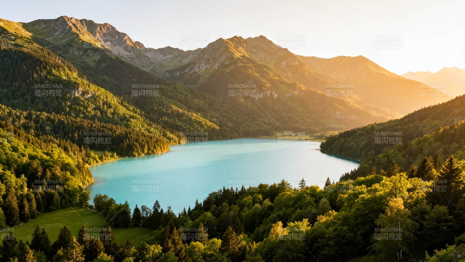 山湖夕照 绿意盎然图片