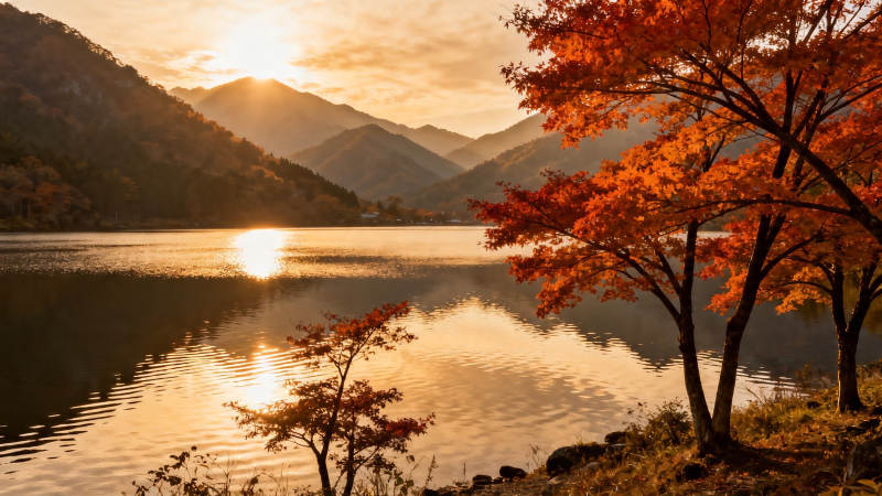 秋湖夕照 红叶映山静美图片