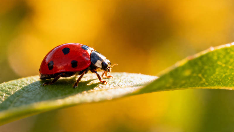 瓢虫栖绿叶 暖阳映红壳图片