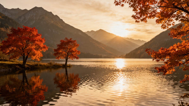 秋湖映山 红叶醉夕阳图片