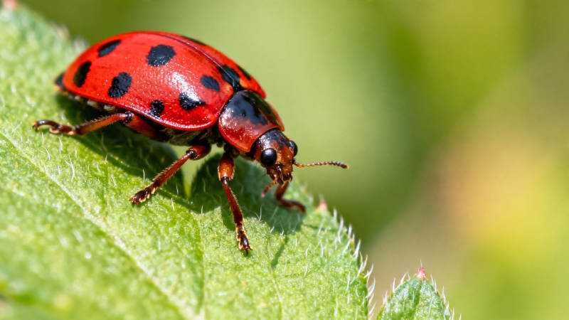 红黑斑点甲虫栖绿叶图片