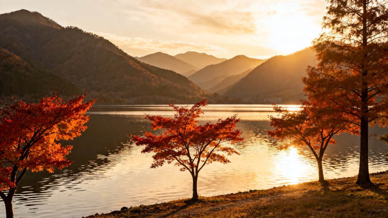 秋日湖光山色映夕阳图片