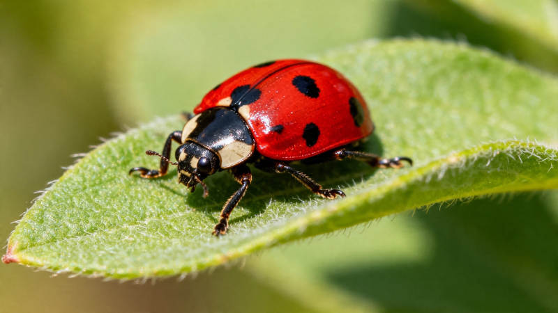 红黑瓢虫栖绿叶图片