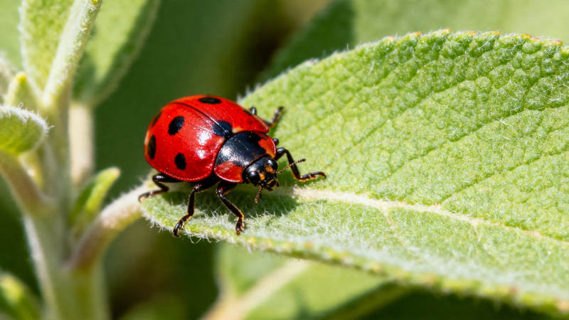 红瓢虫栖绿叶上图片