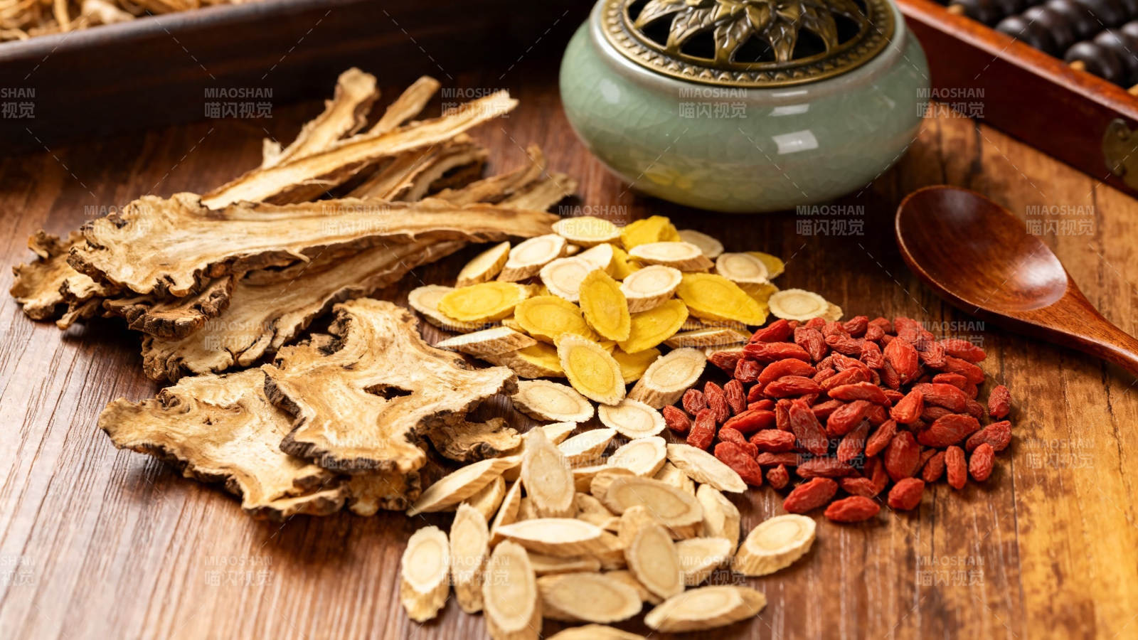 中药材与香炉静物图图片