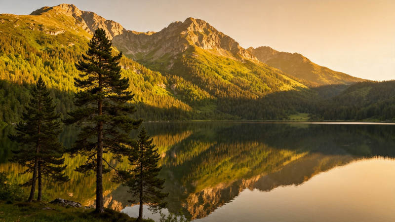 山湖倒影 夕照金辉图片