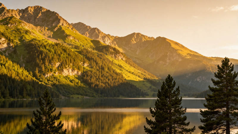 山湖夕照 松影静美图片