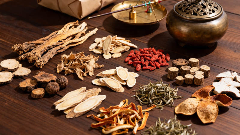 中药药材与香炉静物图图片