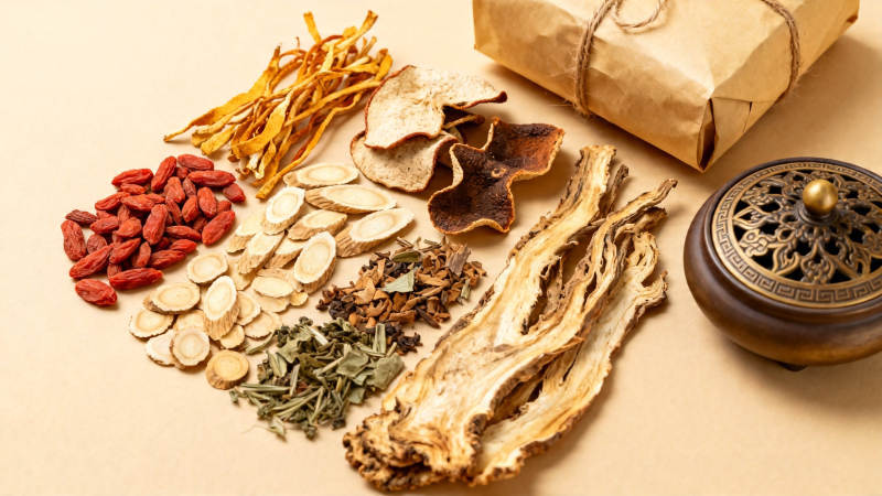 中药药材与香炉静物图图片