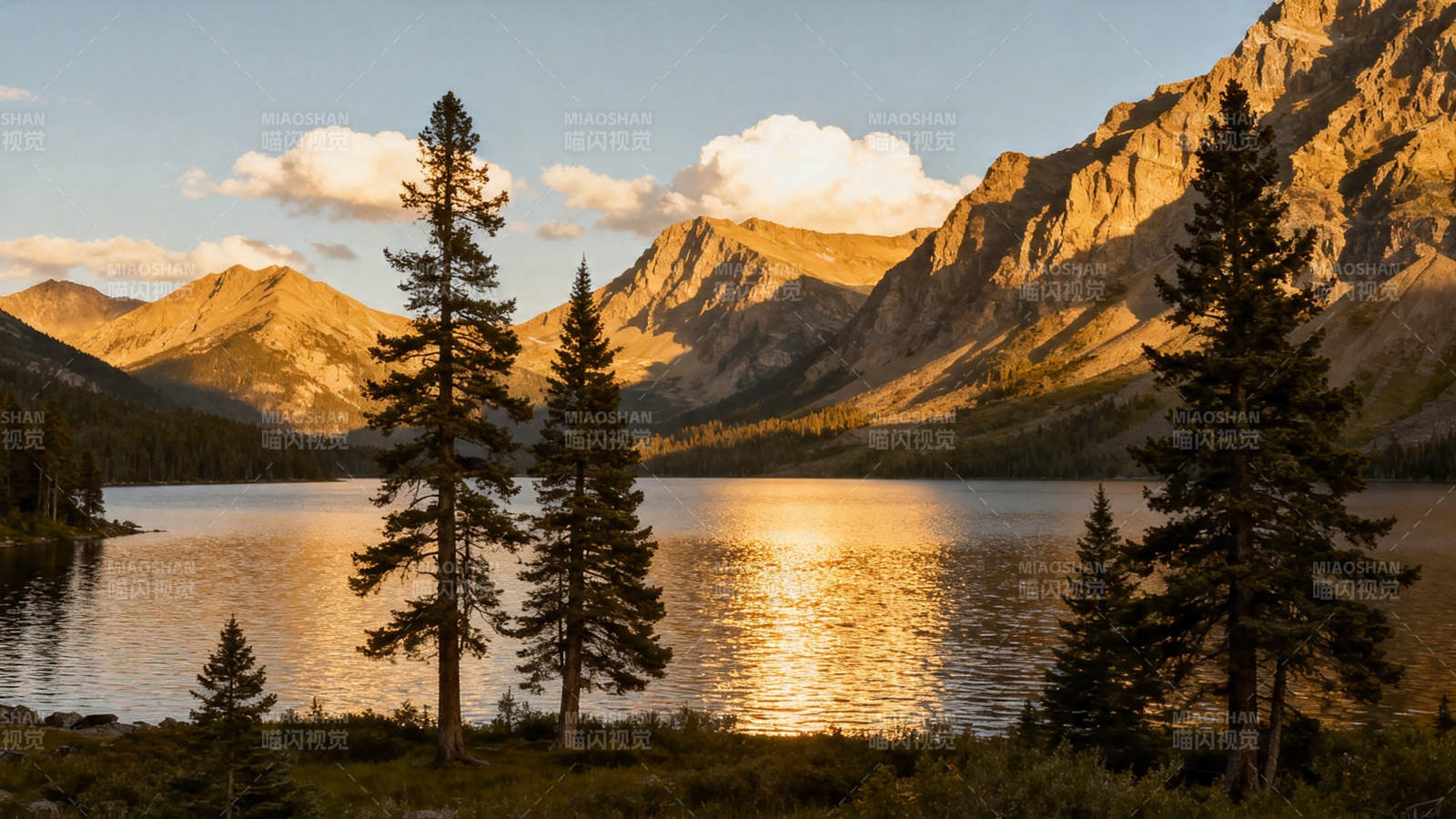 山湖夕照 松影映金波图片