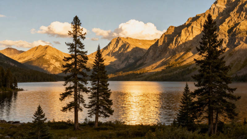 山湖夕照 松影映金波图片