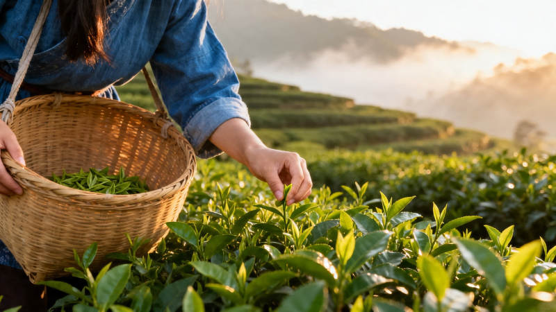 晨雾采茶 篮满新绿香图片
