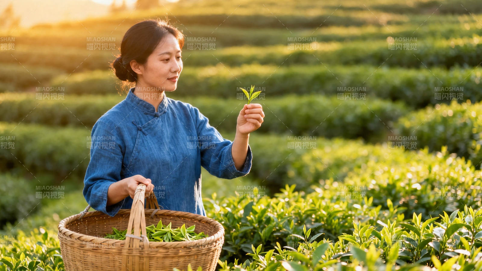 采茶女手捧新芽 篮满春香图片