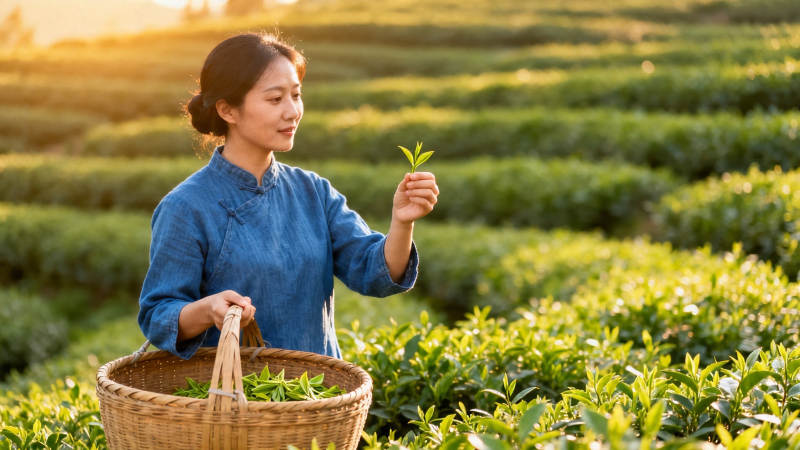 采茶女手捧新芽 篮满春香图片