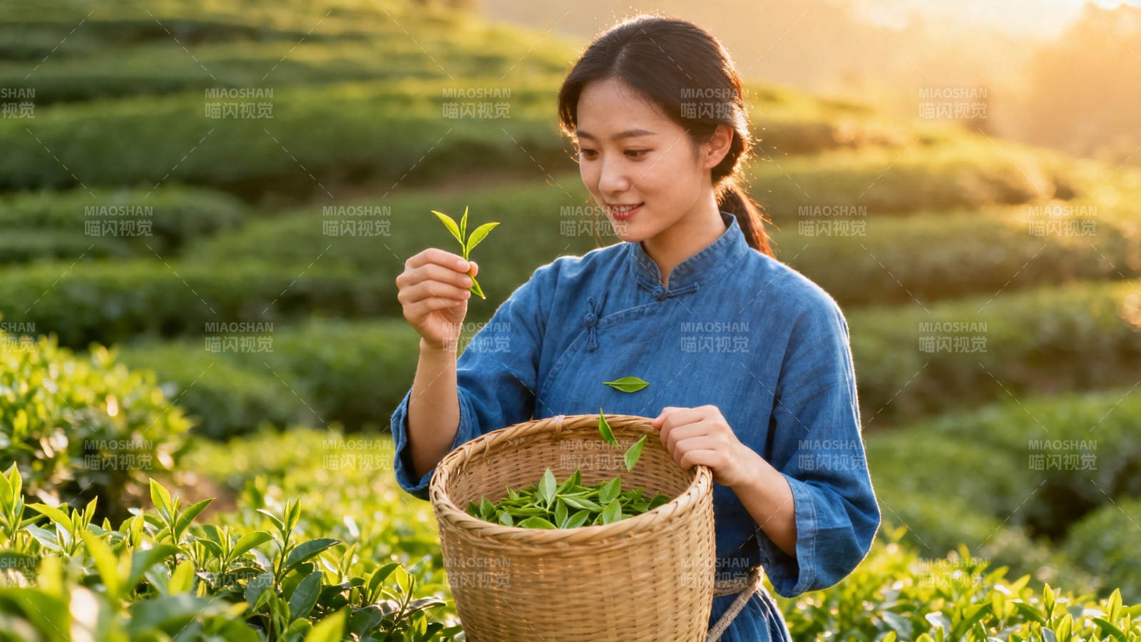 茶园采茶女 篮中嫩叶香图片