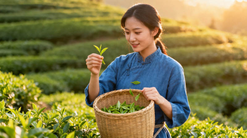 茶园采茶女 篮中嫩叶香图片