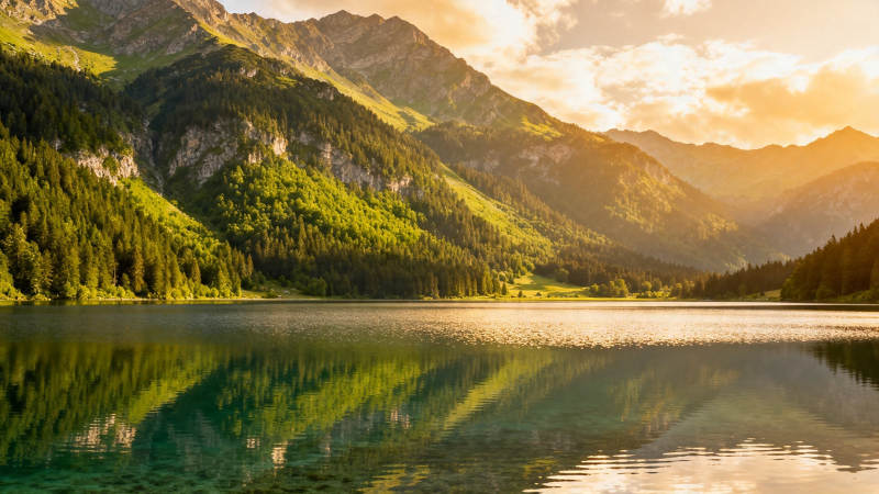 山湖夕照 静美如画图片