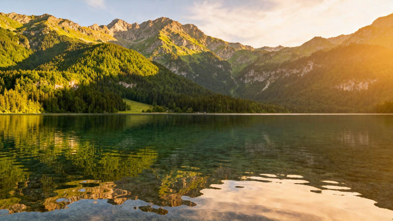 山湖夕照 金辉映水静如画图片