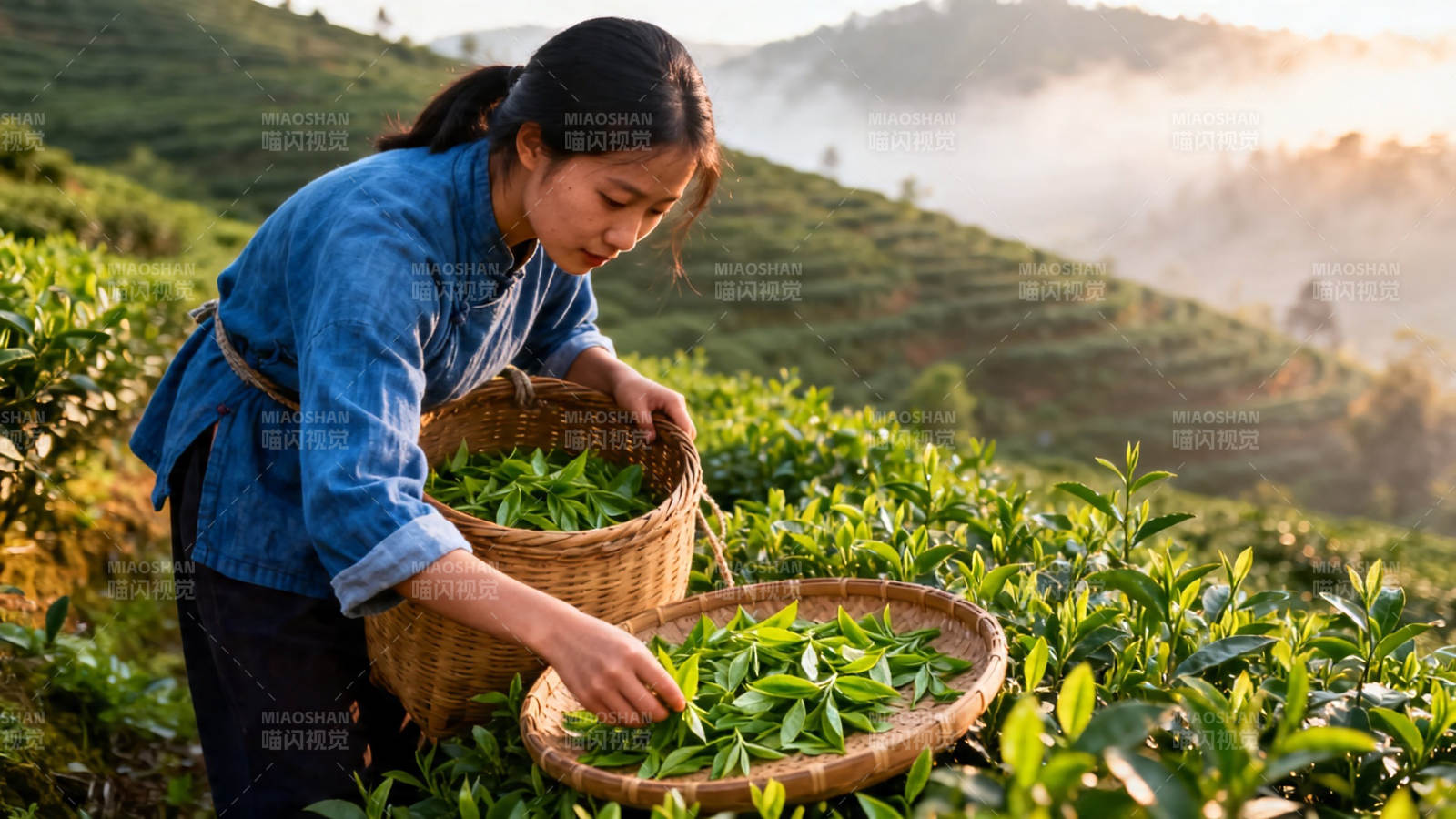 晨雾采茶女 篮满新绿香图片