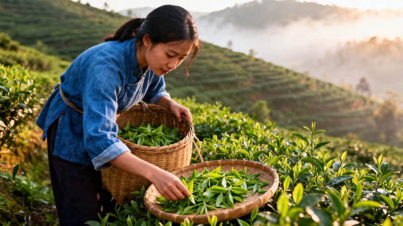 晨雾采茶女 篮满新绿香图片