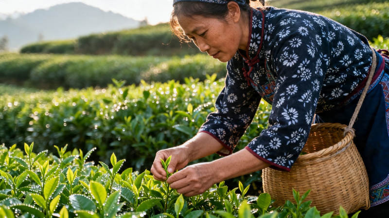 采茶女晨摘嫩芽图片