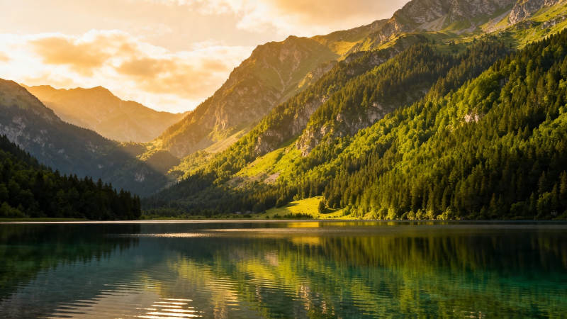 山湖夕照 静美如画图片