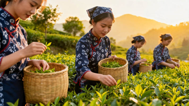 采茶女晨摘新绿图片
