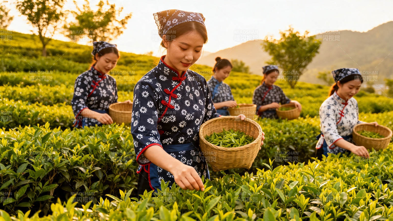 茶山采茶女 篮满春光里图片