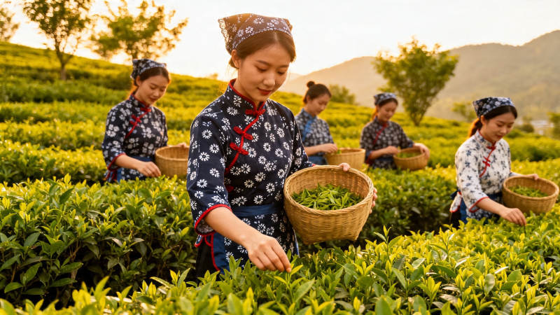 茶山采茶女 篮满春光里图片