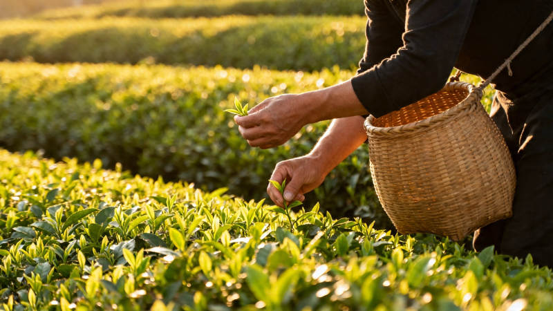 采茶人背篓摘嫩芽图片