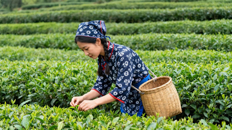 采茶女田间采摘嫩芽图片