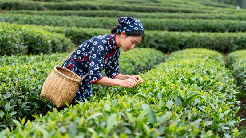 采茶女田间采摘新茶图片