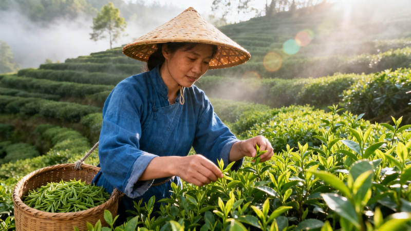 茶农采茶 晨雾缭绕山间图片