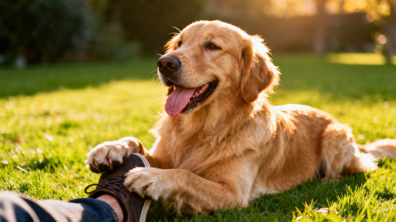 金毛犬草地陪主人晒太阳图片