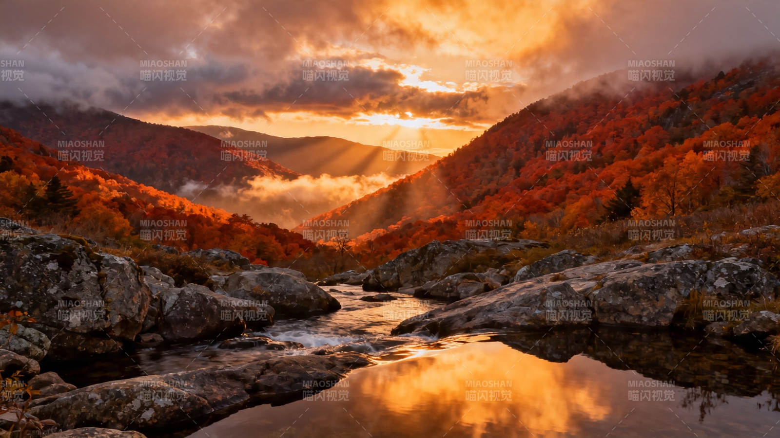 秋山夕照 溪映金霞图片