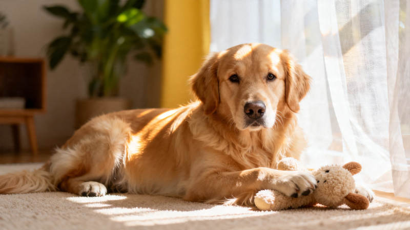 金毛犬抱玩具 阳光暖屋中图片