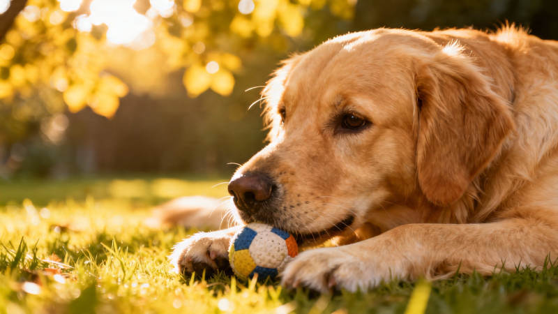 金毛犬草地玩球 暖阳相伴图片