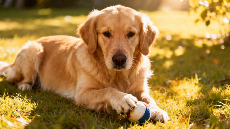 金毛犬草地玩球晒太阳图片